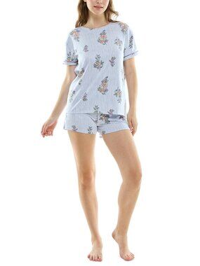 Roudelain Women's 2-Pc. Printed Pajamas Set Blue Bella Striped Floral, Size L